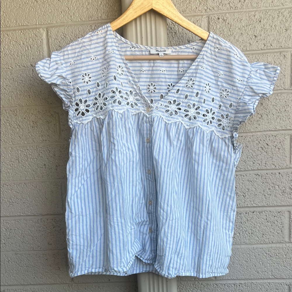 Madewell Light Blue Striped Eyelet Blouse